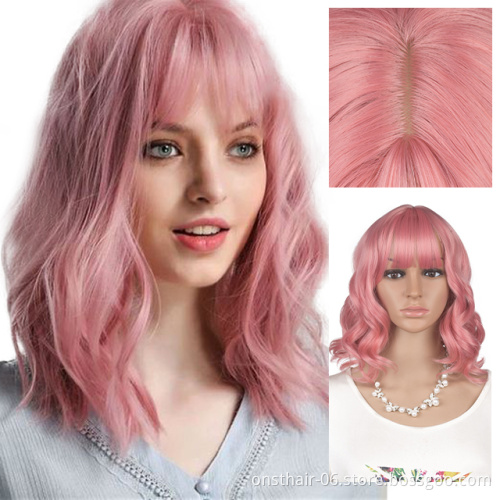 Best  Price Synthetic Wig Lolita Medium Ombre Bob Wig With Bangs Cosplay Water Wave Synthetic Hair Wigs For Women American Style